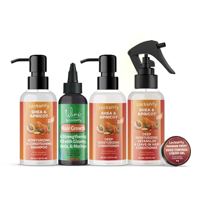 Locsanity Natural & Organic Loose Natural Sample Travel Kit, Gentle 2-in-1 Shampoo/Conditioner, Deep Moisturizing Conditioner, Hair Oil, Detangler Leave-in Conditioner, Smooth Liquid Edge Gel - Image 1