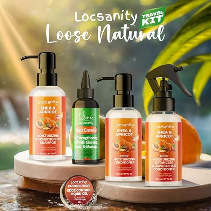 Locsanity Natural & Organic Loose Natural Sample Travel Kit, Gentle 2-in-1 Shampoo/Conditioner, Deep Moisturizing Conditioner, Hair Oil, Detangler Leave-in Conditioner, Smooth Liquid Edge Gel - Image 2