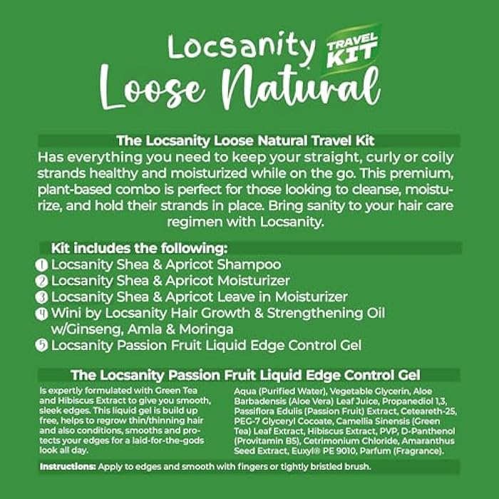 Locsanity Natural & Organic Loose Natural Sample Travel Kit, Gentle 2-in-1 Shampoo/Conditioner, Deep Moisturizing Conditioner, Hair Oil, Detangler Leave-in Conditioner, Smooth Liquid Edge Gel - Image 3