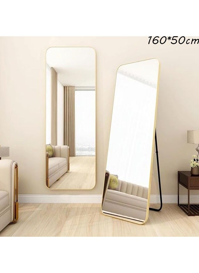 عربست مرايا طويلة 160 × 50 سم، مرايا أرضية بإطار من سبائك الألومنيوم، مرايا تزيين كبيرة لغرفة النوم، مرايا طويلة مع حامل لغرفة المعيشة وغرفة النوم، ذهبي  - Image 1