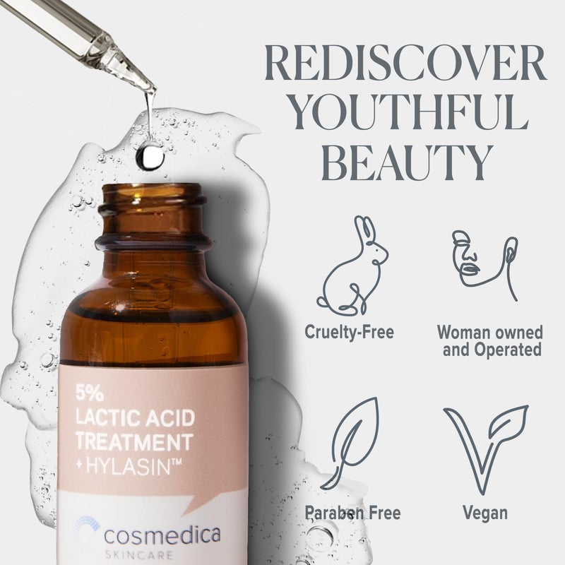Cosmedica Skincare 5% Lactic Acid Treatment Hylasin - AHA, Hyaluronic Acid, Gentle Exfoliator Dark Spot Corrector, Anti-Aging, Face Peel Brightening Treatment for Dull Hyperpigmented Skin 1 oz (30ml) - Image 4
