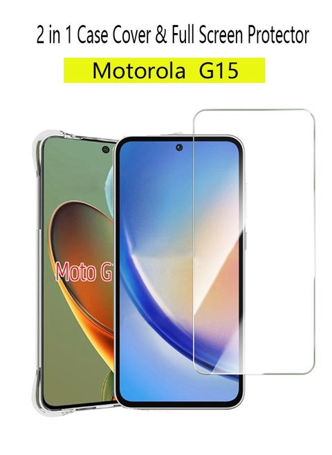2 in 1 Motorola G15 Phone Case Cover & Screen Protector - Shockproof Clear Slim TPU Protective Phone Cover & Full Coverage Delicate Touch Tempered Glass Screen Protector for Motorola G15