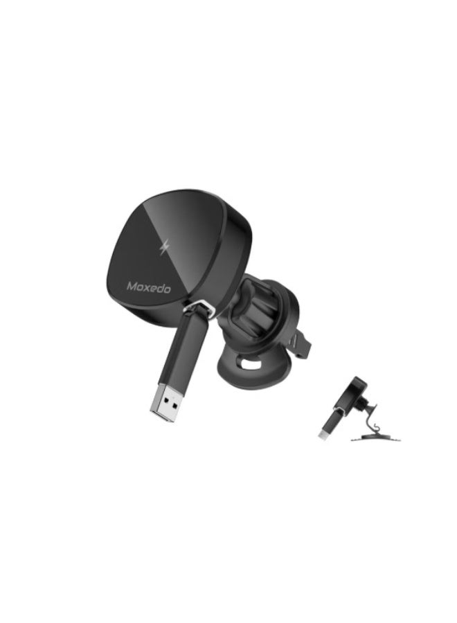 Moxedo 2 in 1 Wireless Charger Phone Holder 15W Magnetic Car Mount Air Vent Metal Hook with Built-in USB-A/ USB-C Retractable Cable Compatible for iPhone 16 15 14 13 12 Pro Max Mag Safe Case