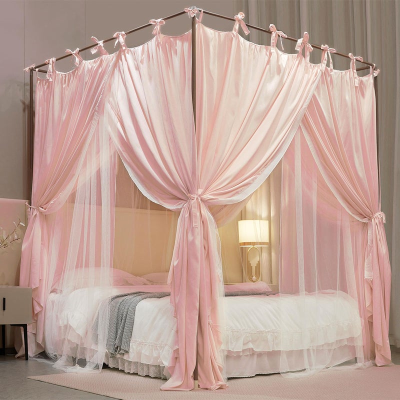 AIOOO 4 Corners Post Princess Curtain Bed Canopy Double Layer Cozy Mosquito Net Mesh and Cloth for Girls Adults Bedroom Decoration DoubleBeigepinkWhite 53 W78 L82HFull