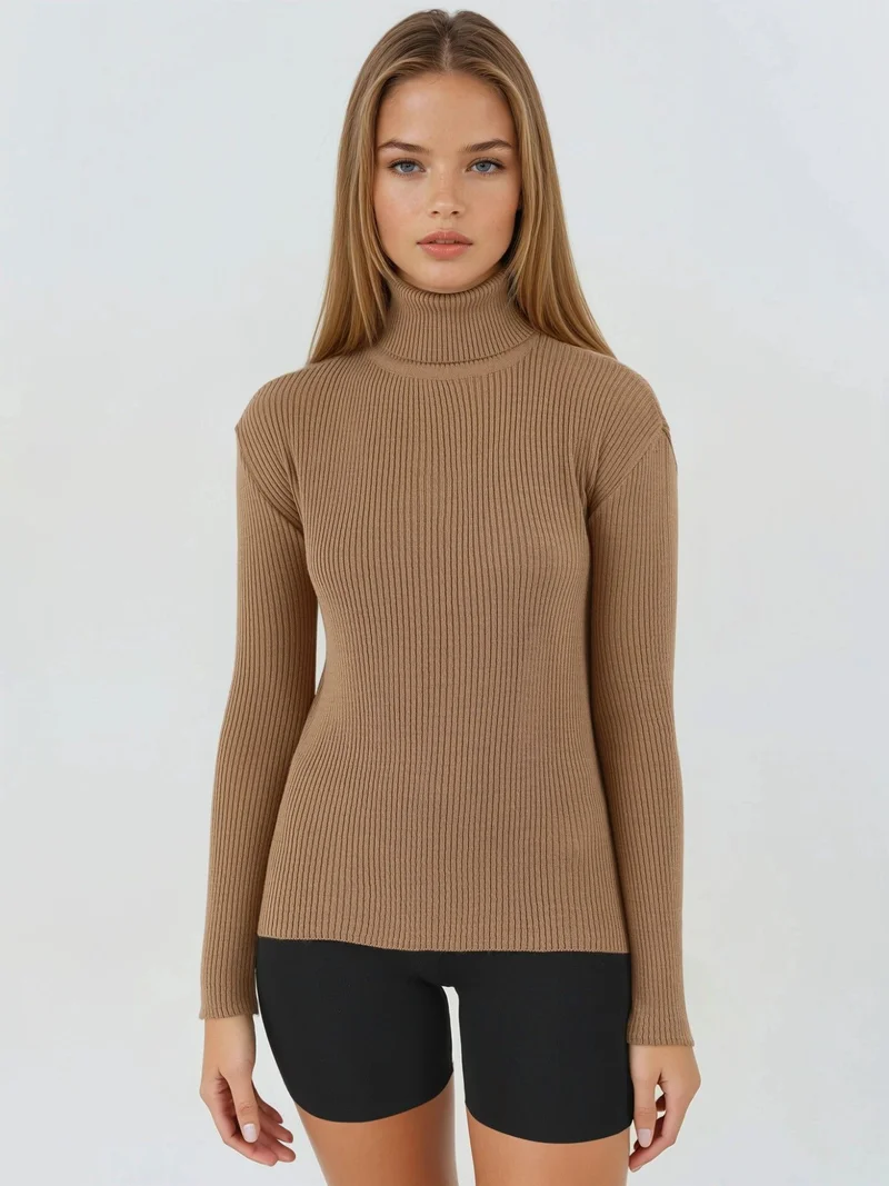 My Fashion Camel Brown MY FASHION Fitted Textured Turtleneck Sweater for Women | Best Price UAE