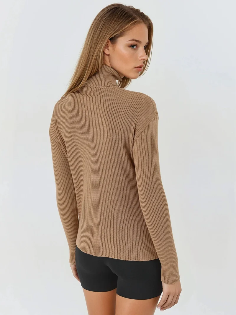 My Fashion Camel Brown MY FASHION Fitted Textured Turtleneck Sweater for Women | Best Price UAE