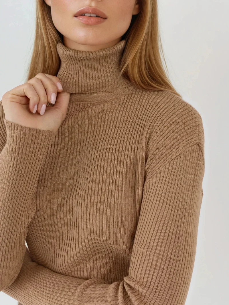 My Fashion Camel Brown MY FASHION Fitted Textured Turtleneck Sweater for Women | Best Price UAE