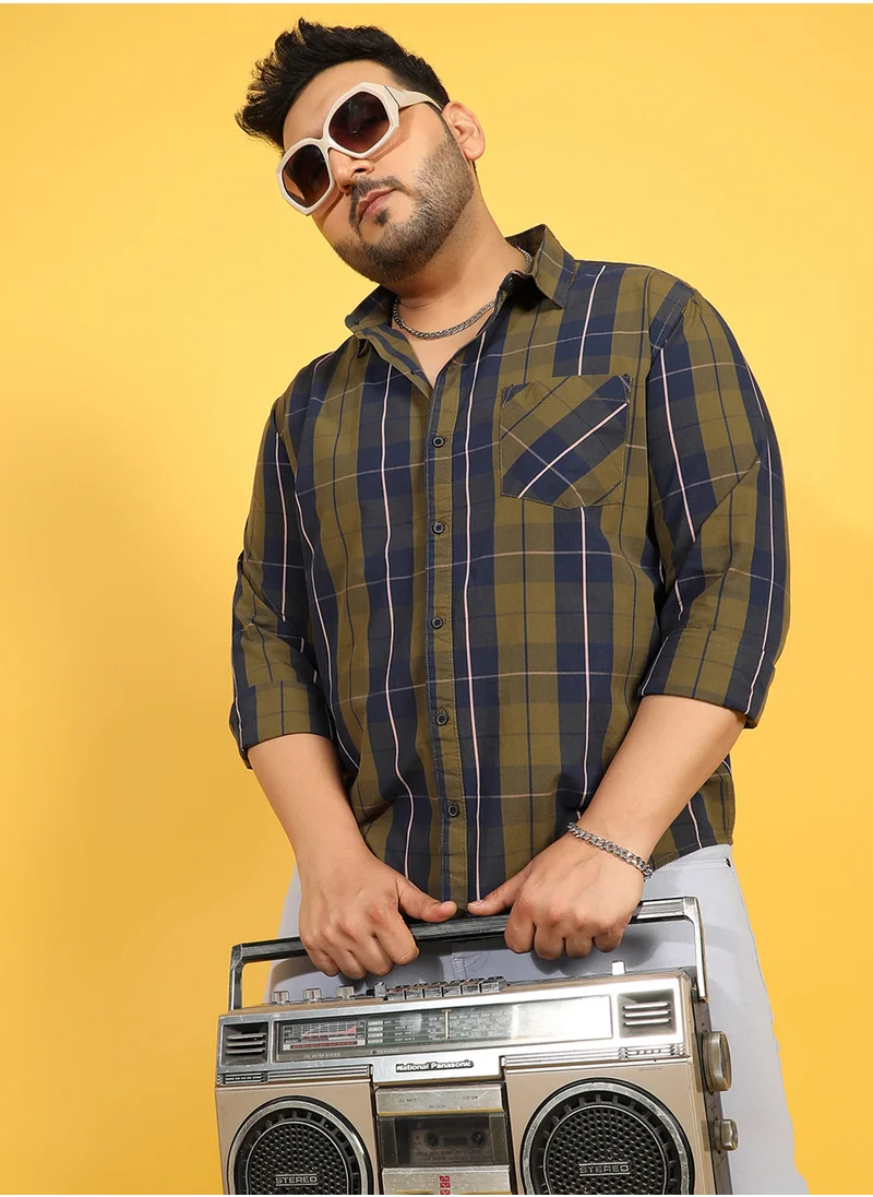 Instafab Plus Instafab Plus Men's Olive Green Tartan Plaid Shirt For Casual Wear | Spread Collar | Long Sleeve | Button Closure | Cotton Shirts Crafted With Comfort Fit For Everyday Wear
