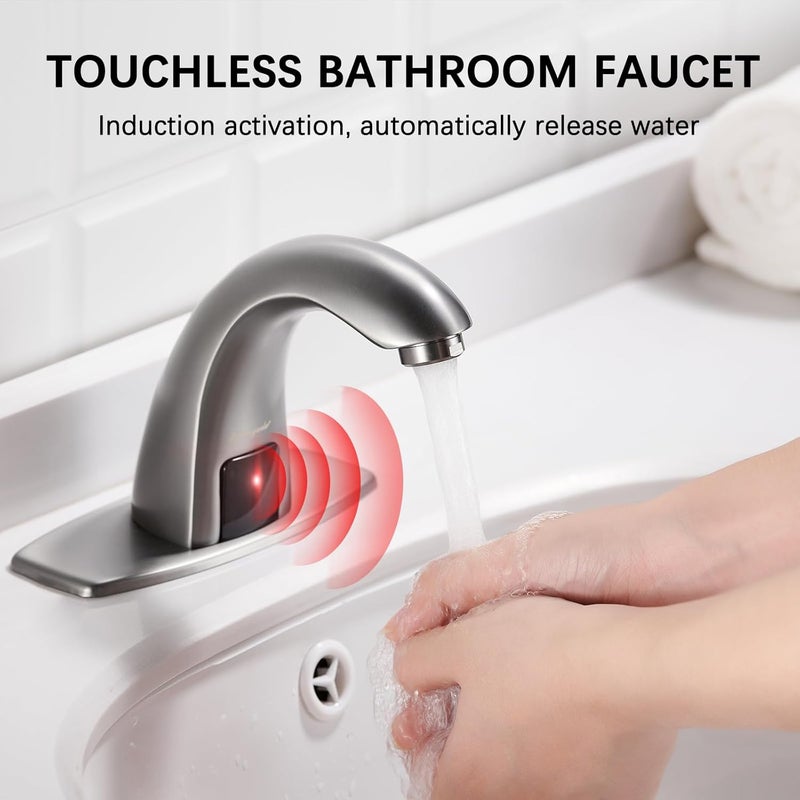 Charmingwater Touchless Bathroom Sink Faucet, Motion Automatic Sensor Faucet with Hole Cover Plate, Brushed Grey - Image 2