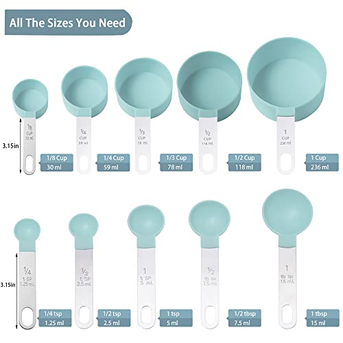 Huygens Measuring Cups and Spoons Set of Huygens Kitchen Gadgets 10 Pieces, Stackable Stainless Steel Handle Measuring Cups for Measuring Dry and Liquid Ingredient (Lake blue) - Image 2