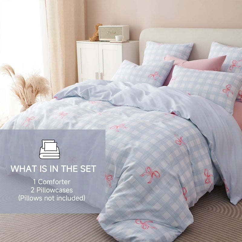 Erwinmu Girls Comforter Set Queen Size,3 Pieces Pink Bow Ties on Gingham Comforter Bedding Sets Reversible Pattern Back to School for Girls Kids,Cozy Microfiber Comforter and 2 Pillowcases - Image 4