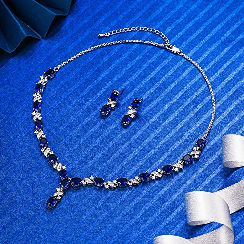 EleQueen Women's Silver-tone Cubic Zirconia Oval Shape Leaf Necklace Earrings Set For Brides And Weddings Sapphire Color - Image 4