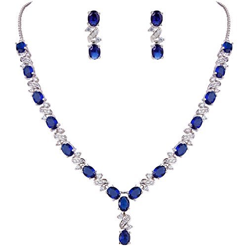 EleQueen Women's Silver-tone Cubic Zirconia Oval Shape Leaf Necklace Earrings Set For Brides And Weddings Sapphire Color - Image 1