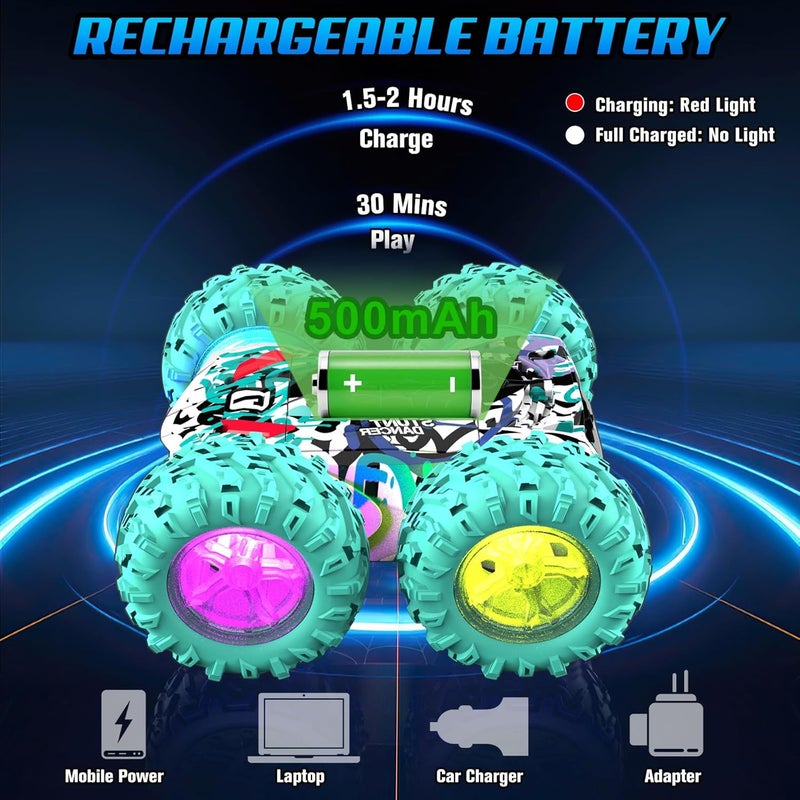 OMIRE High Speed Remote Control Stunt Car with Lights - 2.4GHz Double Sided 360° Flips for Kids - Image 3