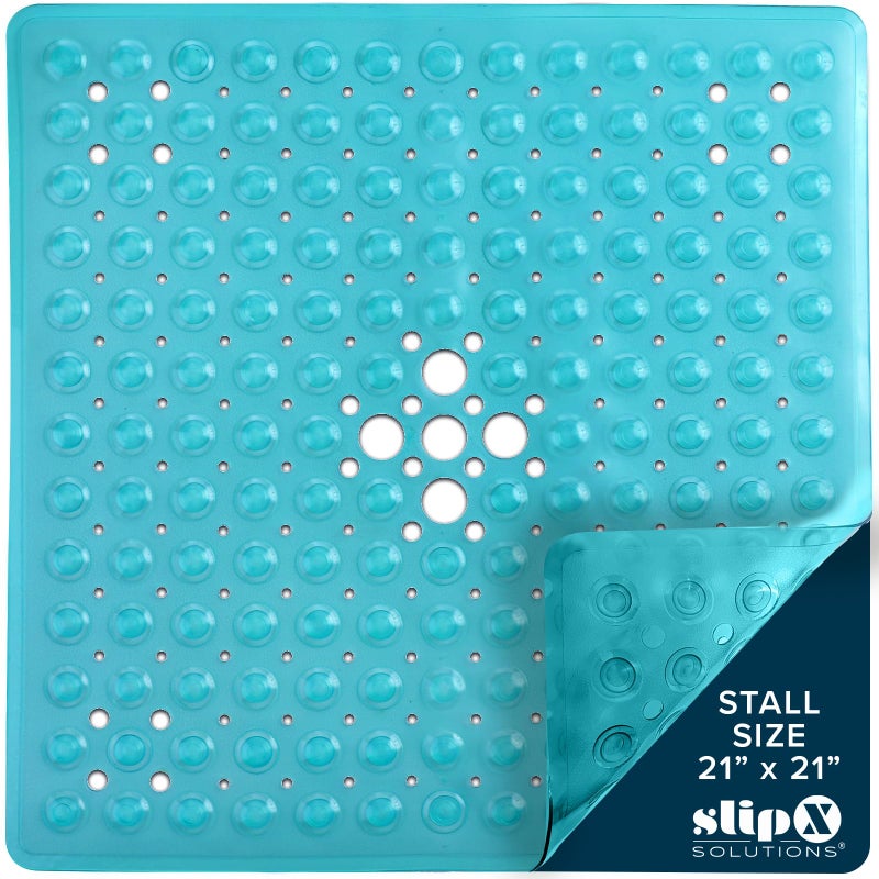 SlipX Solutions حصيرة استحمام مربعة أساسية من SlipX Solutions 21x21 سطح محكم الملمس 25 أكواب شفط أقوى غير قابلة للانزلاق تناسب جميع الأعمار تناسب حواجز الاستحمام القياسية والأحواض أكوا - Image 1