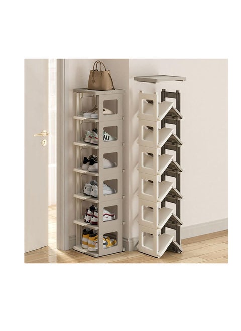 Foldable Shoe Rack Plastic Vertical Shoe Tower Multi-Function Shoe Organizer for Entryway, Hallway, Bedroom and Bathroom Storage Shelf Space Saving (Beige)