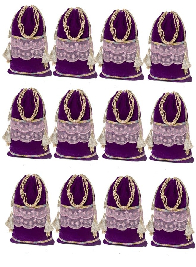 Dulhan Velvet Potli Bag with Pearl Handle | Sequin Tissue Lace Zari Tassels and Resham Dori | Purple Soft Padded Wedding Shagun Pouch for Return Gifts, Wedding, Winter and Festive Use (pack of 12) - Image 1
