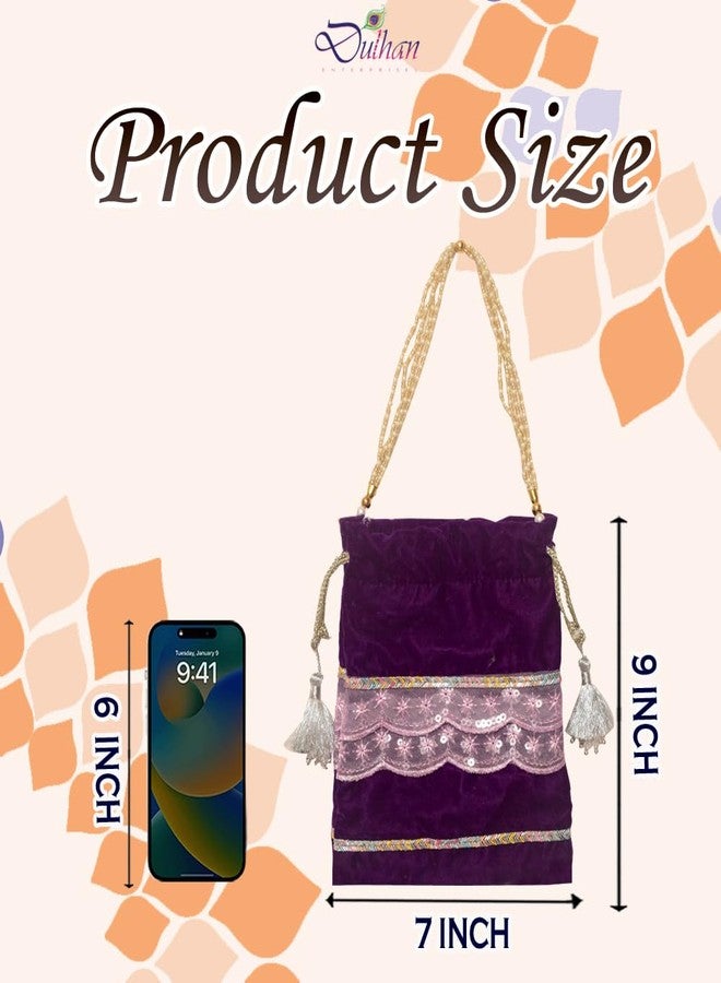 Dulhan Velvet Potli Bag with Pearl Handle | Sequin Tissue Lace Zari Tassels and Resham Dori | Purple Soft Padded Wedding Shagun Pouch for Return Gifts, Wedding, Winter and Festive Use (pack of 12) - Image 3