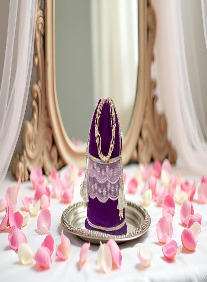 Dulhan Velvet Potli Bag with Pearl Handle | Sequin Tissue Lace Zari Tassels and Resham Dori | Purple Soft Padded Wedding Shagun Pouch for Return Gifts, Wedding, Winter and Festive Use (pack of 12) - Image 2