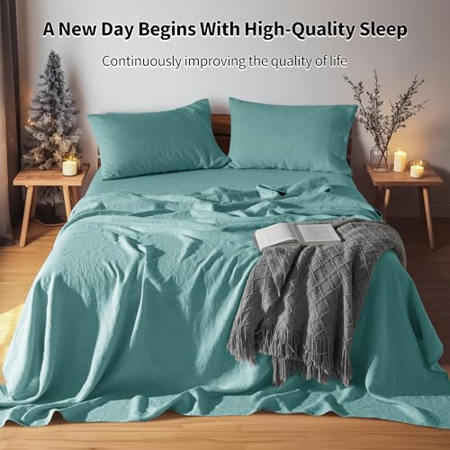 LBRO2M 100 Pure Linen Sheet Set Deep Pocket Up to 16 Bed Sheets Sets Natural Flax Beddings Soft Breathable Comfortable for All Seasons 4 Pcs Sheet Set Queen Size Aqua - Image 3