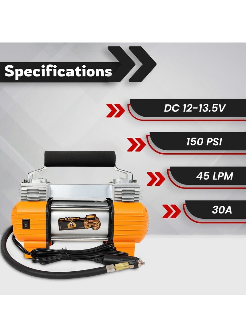 سفاري ضاغط هواء سفاري ثنائي الأسطوانات 12 فولت 150 رطل لكل بوصة مربعة مع مصباح LED، حقيبة تخزين، 4 محولات، أنبوب هواء للسيارة والسيارات الرياضية متعددة الاستخدامات والدراجات النارية - أسطوانة مزدوجة، تدفق هواء عالي، محمول، تيار مستمر 12-13.5 فولت - Image 3