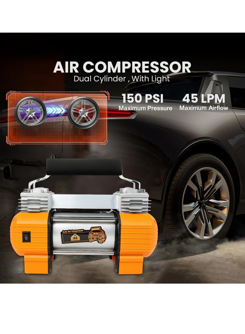 سفاري ضاغط هواء سفاري ثنائي الأسطوانات 12 فولت 150 رطل لكل بوصة مربعة مع مصباح LED، حقيبة تخزين، 4 محولات، أنبوب هواء للسيارة والسيارات الرياضية متعددة الاستخدامات والدراجات النارية - أسطوانة مزدوجة، تدفق هواء عالي، محمول، تيار مستمر 12-13.5 فولت - Image 4
