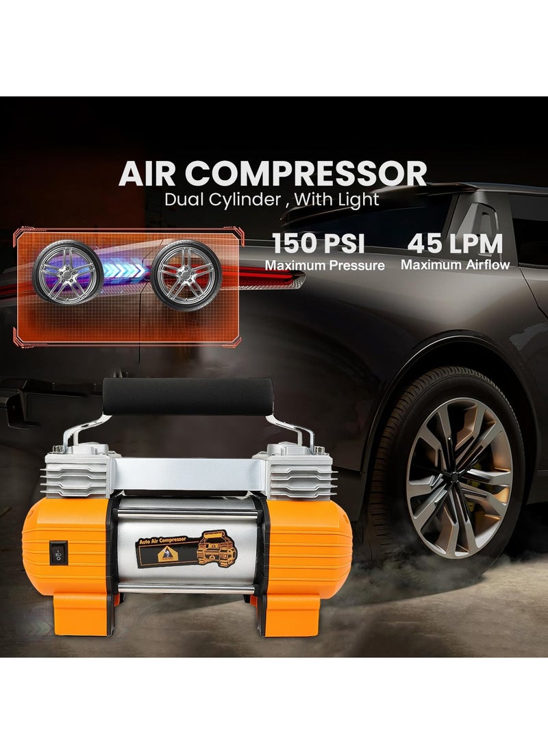 سفاري ضاغط هواء سفاري ثنائي الأسطوانات 12 فولت 150 رطل لكل بوصة مربعة مع مصباح LED، حقيبة تخزين، 4 محولات، أنبوب هواء للسيارة والسيارات الرياضية متعددة الاستخدامات والدراجات النارية - أسطوانة مزدوجة، تدفق هواء عالي، محمول، تيار مستمر 12-13.5 فولت - Image 5
