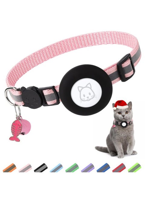 Airtag Cat Collar, Air tag Cat Collar with Bell and Safety Buckle in 3/8" Width, Reflective Collar with Waterproof Airtag Holder Compatible with Apple Airtag for Cat Dog Kitten Puppy (Pink)
