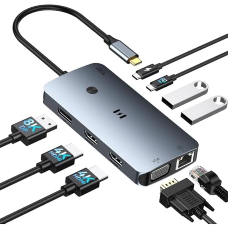 USB C Docking Station Dual Monitor Adapter, Selore Laptop Docking Station 3 Monitors Quad Display with 2 HDMI, DP, VGA, Ethernet, 3 USB AandC 3.0, 100W PD, USB C Hub Dongle for DELL, HP and More - Image 1
