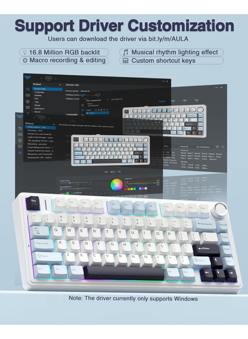 AULA F75 Teclado mecánico inalámbrico 75%, Teclado intercambiable en caliente cremoso, Interruptores Reaper pre-lubricados, 2.4GHz/Type-C/BT5.0, Teclados para juegos retroiluminados RGB (Blanco y Azul - Image 2