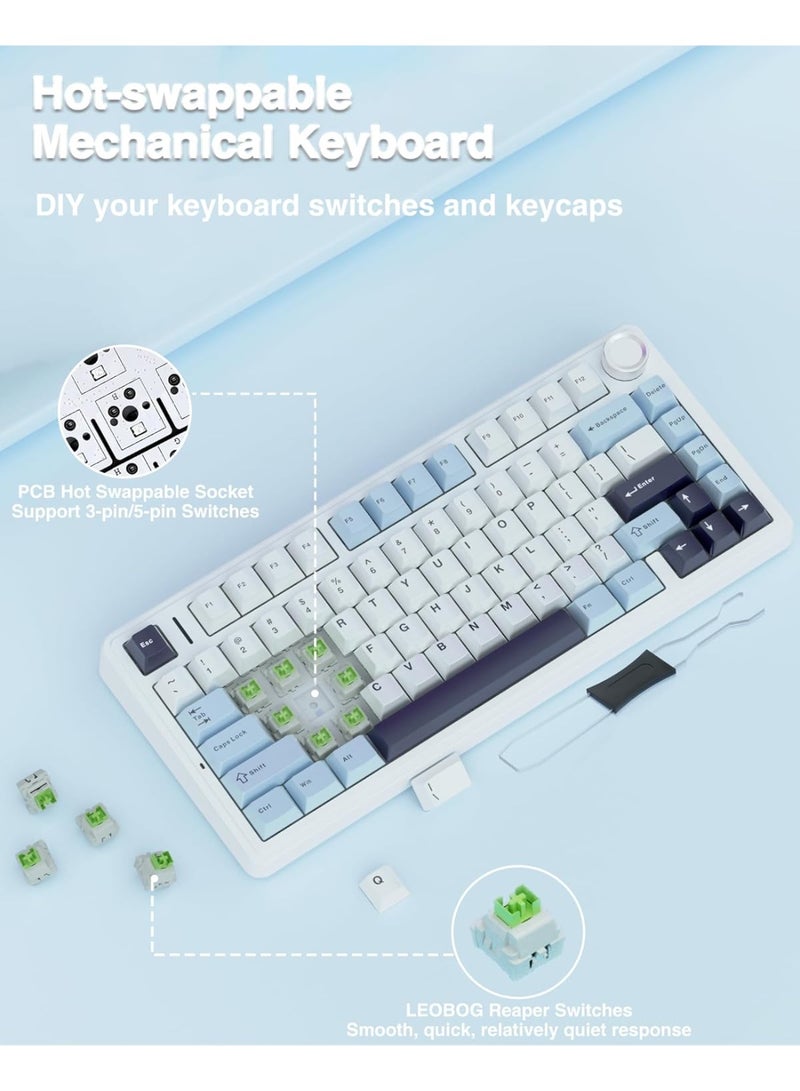 AULA F75 Teclado mecánico inalámbrico 75%, Teclado intercambiable en caliente cremoso, Interruptores Reaper pre-lubricados, 2.4GHz/Type-C/BT5.0, Teclados para juegos retroiluminados RGB (Blanco y Azul - Image 3