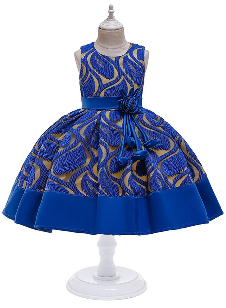 Loquat Ins new foreign trade girls dress children dress skirt princess skirt flower jacquard fabric sleeveless skirt BLUE  - Image 1