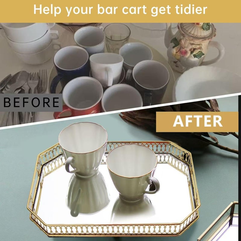 TEITEAI Bar Cart Tray, Decorative Mirrored Tray with Handles, Large Capacity Organizer, Gold - Image 5