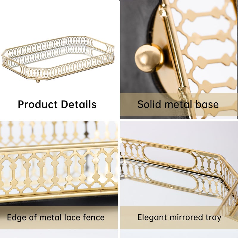 TEITEAI Bar Cart Tray, Decorative Mirrored Tray with Handles, Large Capacity Organizer, Gold - Image 4