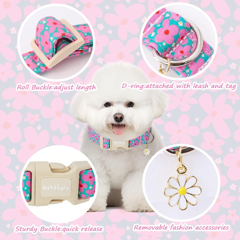 Astdogio Cotton Floral Dog Collar,Green Dog Collar with Pink Flower, Adjustable Puppy Dog Collars for Small Medium Large, Cute Girl or Boy Dog Collar Ideal for Gifts,Pet Accessory,S - Image 4