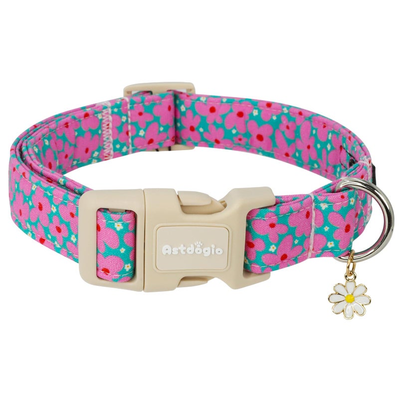Astdogio Cotton Floral Dog Collar,Green Dog Collar with Pink Flower, Adjustable Puppy Dog Collars for Small Medium Large, Cute Girl or Boy Dog Collar Ideal for Gifts,Pet Accessory,S - Image 1