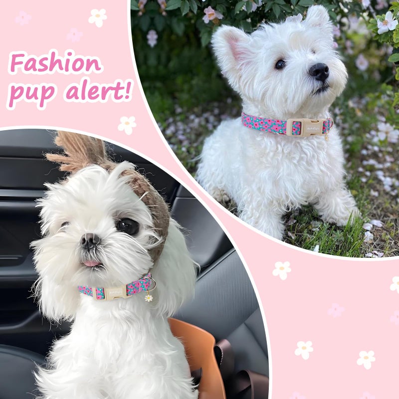 Astdogio Cotton Floral Dog Collar,Green Dog Collar with Pink Flower, Adjustable Puppy Dog Collars for Small Medium Large, Cute Girl or Boy Dog Collar Ideal for Gifts,Pet Accessory,S - Image 3