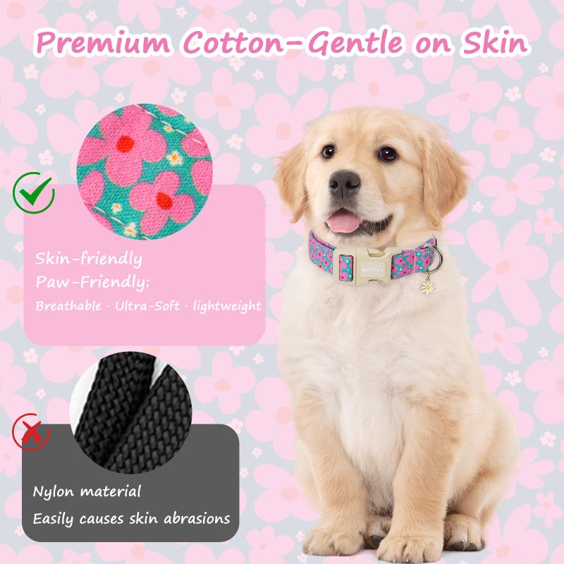 Astdogio Cotton Floral Dog Collar,Green Dog Collar with Pink Flower, Adjustable Puppy Dog Collars for Small Medium Large, Cute Girl or Boy Dog Collar Ideal for Gifts,Pet Accessory,S - Image 5