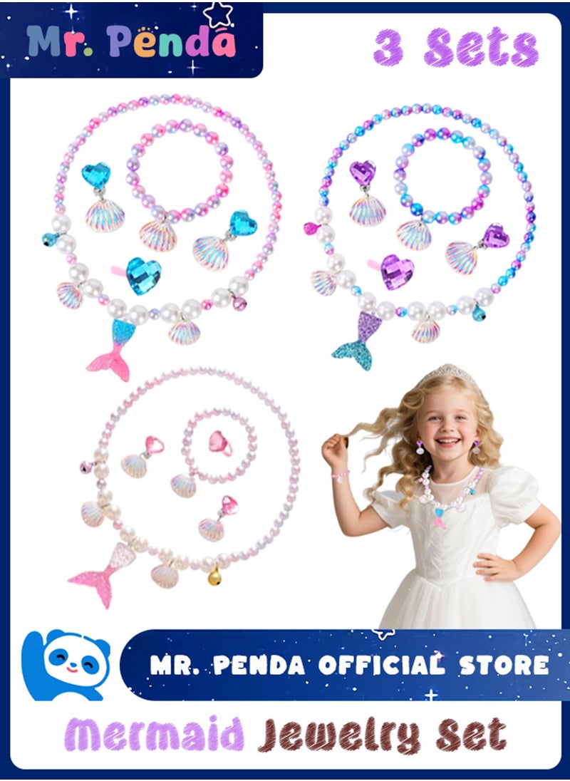 Mr. Penda 3 Sets Mermaid Jewelry Set for Girls, Princess Accessories for Dress-up, Birthday Party and Costume PlayMermaid Necklace, Bracelet, Ring , Earrings for Girls Age 3+  - Image 1