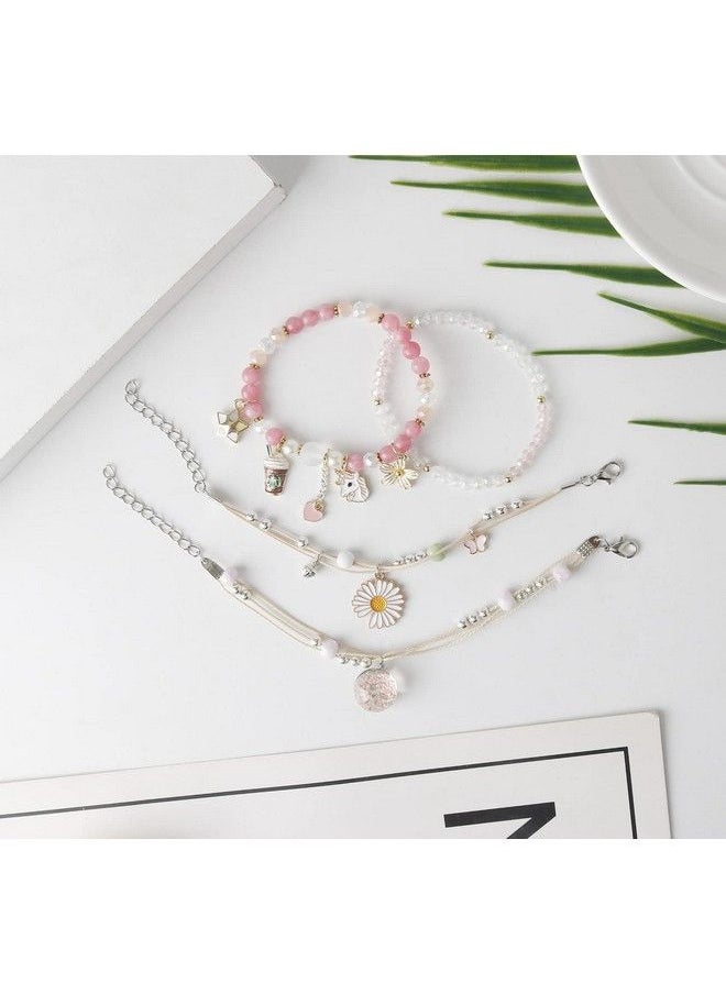 DS - Ds Beaded Charm Bracelets For Teen Girls Cute Cartoon 4 Pcs Crystal Beads Pearl Anime Bracelets For Woman Girls Adjustable Stretch Bracelet Anklets Birthday Gift For Daughter Friendspink Unicorn - Image 1
