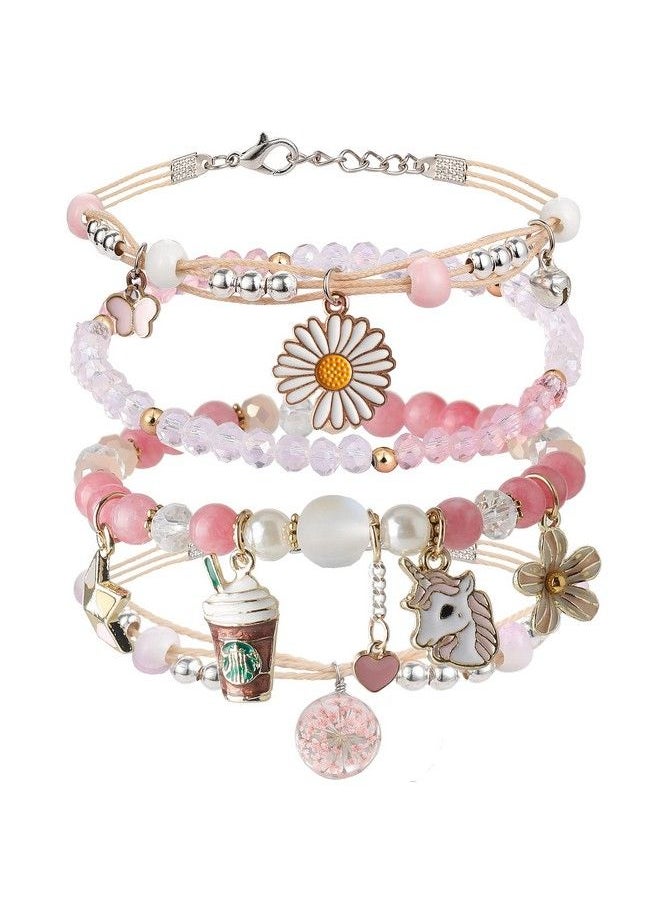 DS - Ds Beaded Charm Bracelets For Teen Girls Cute Cartoon 4 Pcs Crystal Beads Pearl Anime Bracelets For Woman Girls Adjustable Stretch Bracelet Anklets Birthday Gift For Daughter Friendspink Unicorn - Image 1