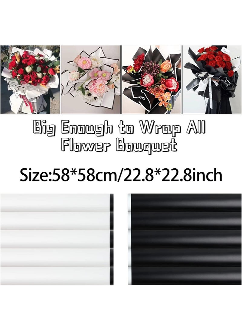 Aikanbo 20 Sheets Black White Edge Flower Wrapping Paper，Waterproof Fresh Flower Packing Material with Ribbon Florist Bouquet Supplies DIY Craft Gift Packing（Black + White） - Image 2