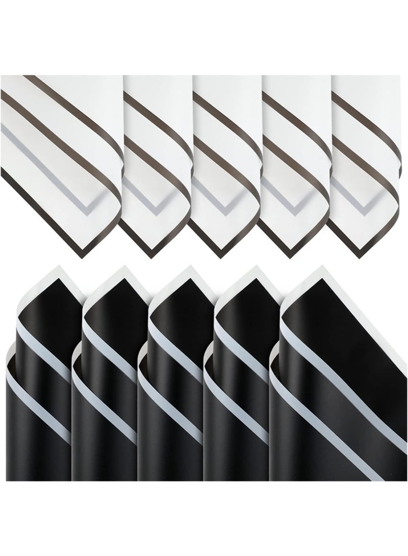Aikanbo 20 Sheets Black White Edge Flower Wrapping Paper，Waterproof Fresh Flower Packing Material with Ribbon Florist Bouquet Supplies DIY Craft Gift Packing（Black + White） - Image 4