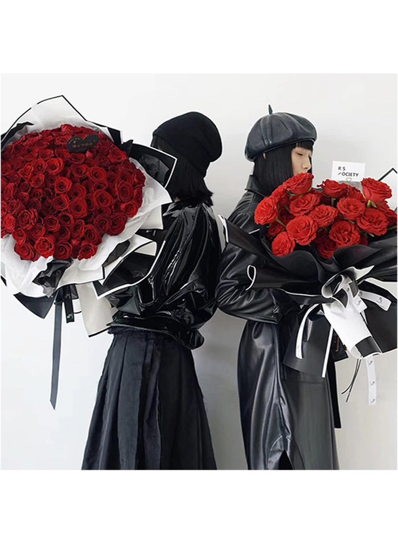 Aikanbo 20 Sheets Black White Edge Flower Wrapping Paper，Waterproof Fresh Flower Packing Material with Ribbon Florist Bouquet Supplies DIY Craft Gift Packing（Black + White） - Image 5