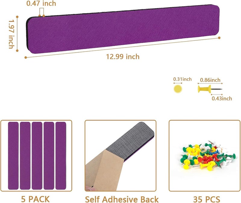 RANUR Self Adhesive Felt Bulletin Bar Strip, Reminder Board with 35pcs Drawing Pins, Lightweight to Do List Board for Wall Soft Board for Study Room, Photos, Schedules, Size 33 X 5 X 1.3 cms (Purple) - Image 2
