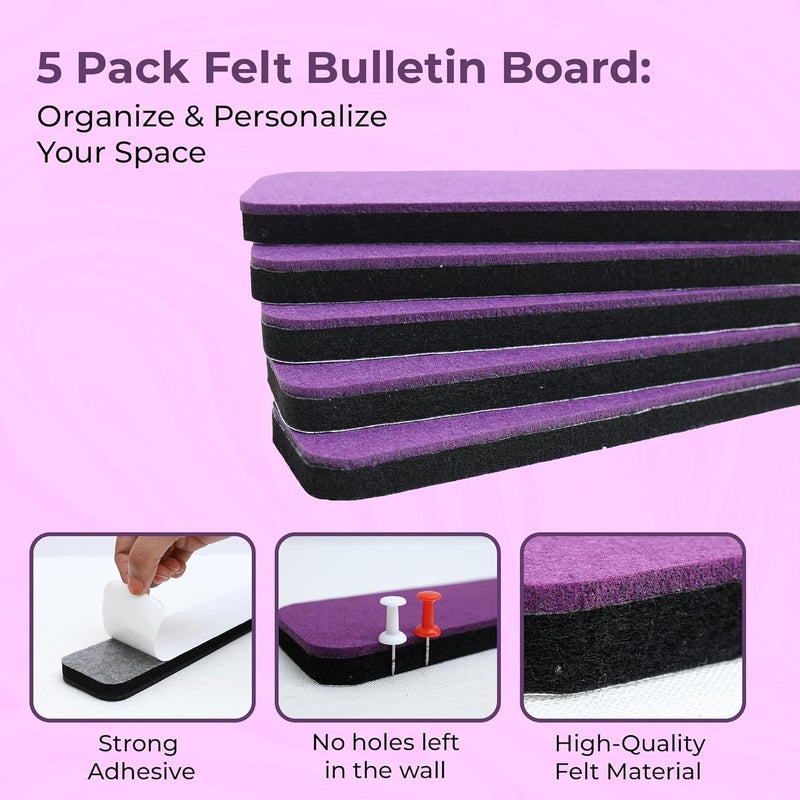 RANUR Self Adhesive Felt Bulletin Bar Strip, Reminder Board with 35pcs Drawing Pins, Lightweight to Do List Board for Wall Soft Board for Study Room, Photos, Schedules, Size 33 X 5 X 1.3 cms (Purple) - Image 3