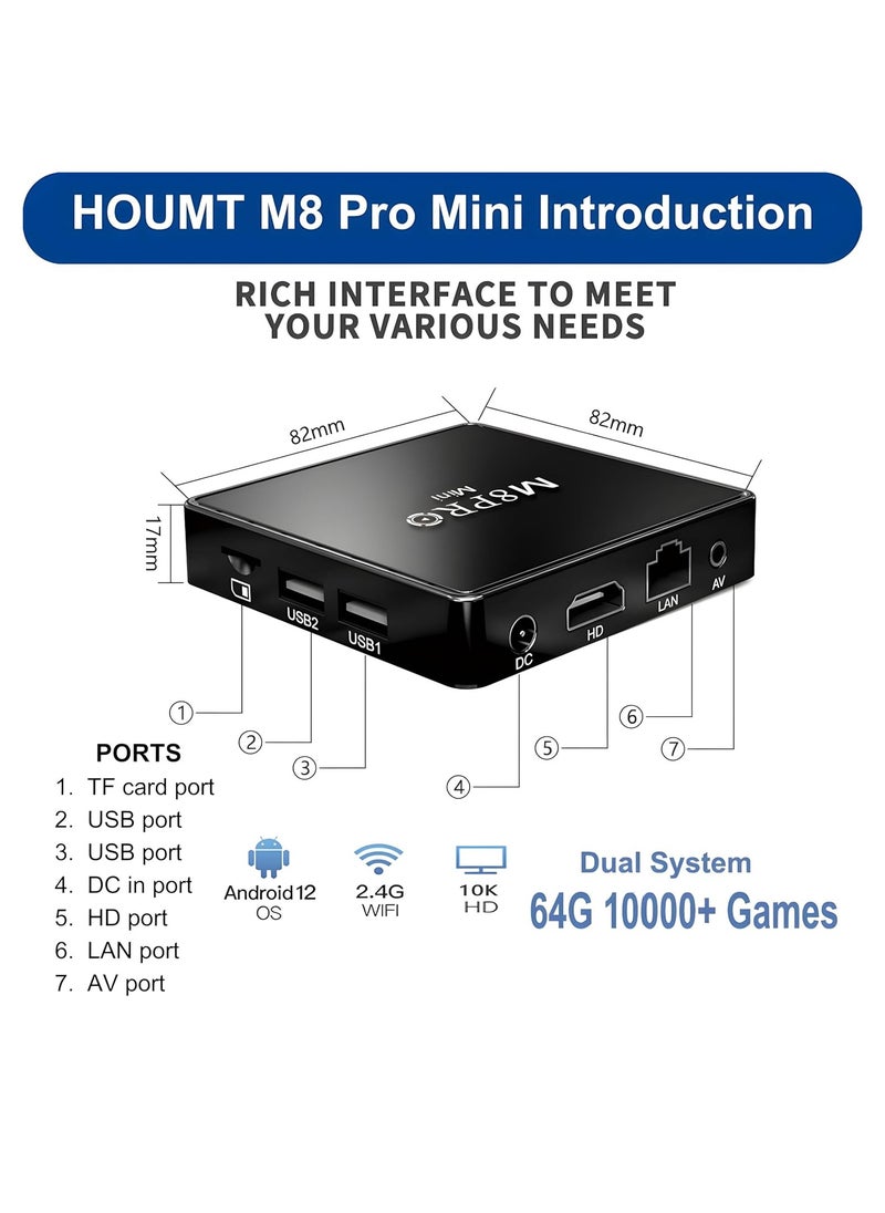 AJ - Houmt M8 Pro Mini Android Game Dual OS TV Box with Android 12, 14 Simulators, 64GB, 4K HDMI, Retro Classic Games, 2.4G Wireless Retro Game Console and TV Box - Built-in 10,000+ Games, 2 Controllers - Image 1