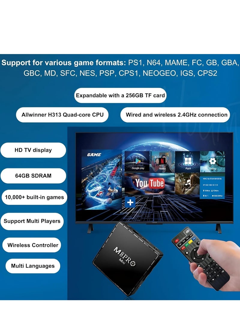 AJ - Houmt M8 Pro Mini Android Game Dual OS TV Box with Android 12, 14 Simulators, 64GB, 4K HDMI, Retro Classic Games, 2.4G Wireless Retro Game Console and TV Box - Built-in 10,000+ Games, 2 Controllers - Image 1
