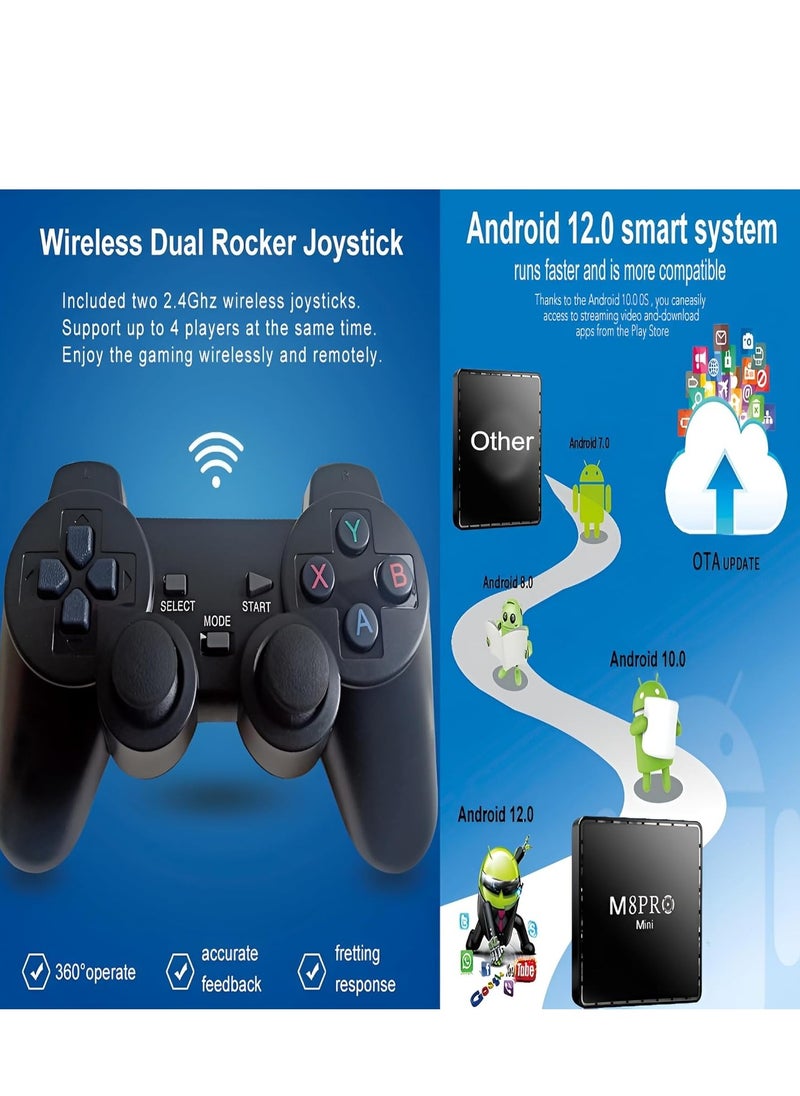 AJ - Houmt M8 Pro Mini Android Game Dual OS TV Box with Android 12, 14 Simulators, 64GB, 4K HDMI, Retro Classic Games, 2.4G Wireless Retro Game Console and TV Box - Built-in 10,000+ Games, 2 Controllers - Image 1