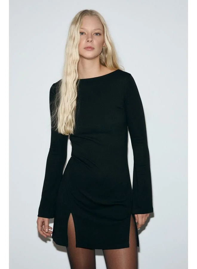 GRIMELANGE MONSENA Women's Soft and Stretch Fabric Waist-Accentuating Slit Mini Black Dress.